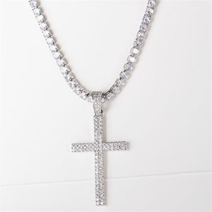 Hip Hop Micro Pave Zirkoon Kruis hanger Zirkoon Crystal Custom Grootte tennisketen ketting ijs uit herenjuwelen 201014