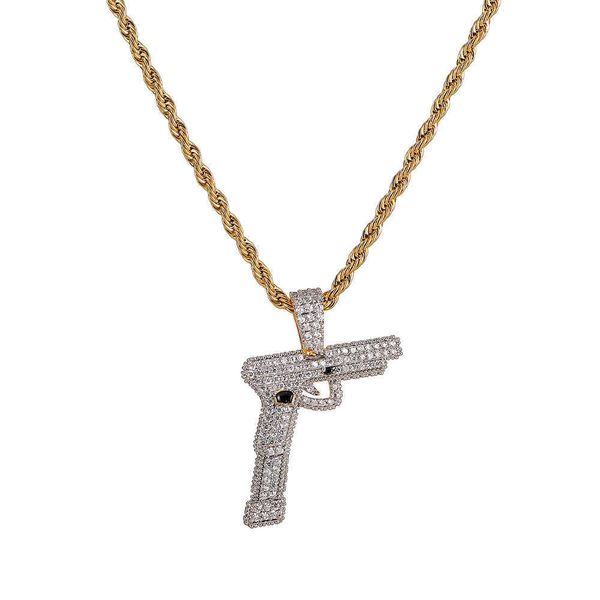 Hip Hop Micro Pavé AAA Zircon Cubique Bling Ice Out Pistolet Automatique Pistolet Pendentifs Colliers pour Hommes Rappeur Bijoux Or Couleur X0707