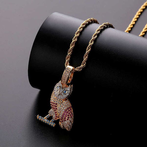 Hip Hop Micro pavimentado AAA + Cubic Zirconia Iced Out Bling Nighthawk Owl colgantes collar hombres rapero joyería Color oro plata