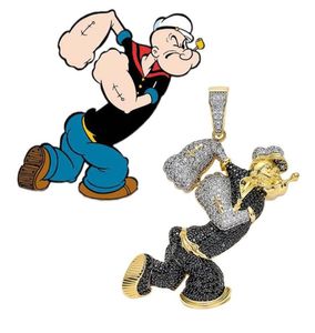 Hip Hop Micro Verhard Zwart Wit CZ Steen Bling Iced Out Stripfiguur Popeye Hangers Ketting voor Mannen Rapper Sieraden7191941