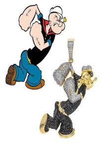 Hip Hop Micro pavé noir blanc CZ pierre Bling glacé personnage de dessin animé Popeye pendentifs collier pour hommes rappeur bijoux 6801725