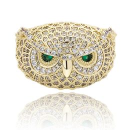 Hip Hop Micro Verharde Groene Eyed Owl Gold Silver Color Bling Iced Out Out Cubic Zircon Ring Sieraden Gift