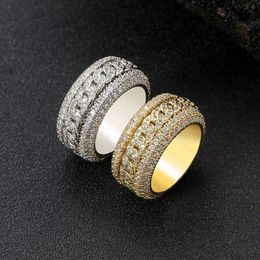 Hip Hop Micro Set Zirkoon Roteerbare Cubaanse echte Gold Electroplated Men's Trendy Ring