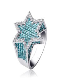 Hip Hop Mint Green Cubic Zirconia Cluster Anneaux Bling Hexagon 18K Real Gold plaqué Men039S RAP RAP RAP 1040797