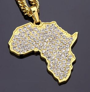 Collier Hip Hop Plaqué Or 18k Carte de l'Afrique Bling Pendentif Chaîne Cubaine