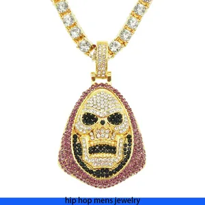 Collier hip hop pour hommes chaîne en or glacé chaînes cubaines tête de mort pendentif collier diamant à une rangée avec chaîne Punk