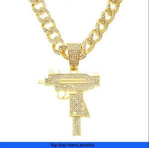 Collier hip hop pour hommes, chaîne en or glacé, chaînes cubaines, pendentif pistolet en diamant complet, mode homme rue