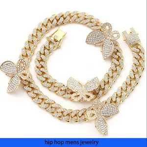 Collier hip hop pour hommes chaîne en or glacé chaînes cubaines style papillon diamant électrolytique incrusté collier de vente aux enchères de rue en gros