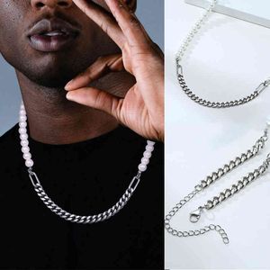 Hiphop ketting mannen, 7mm Miami Cubaanse link ketting en half 8 mm parels choker, ketting voor mannen in roestvrijstalen sieraden