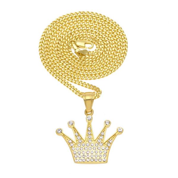 Collar de Hip Hop Colgante Chapado en oro Diamante Corona Colgante Acero inoxidable Bling Pling Cadena cubana Envío gratis