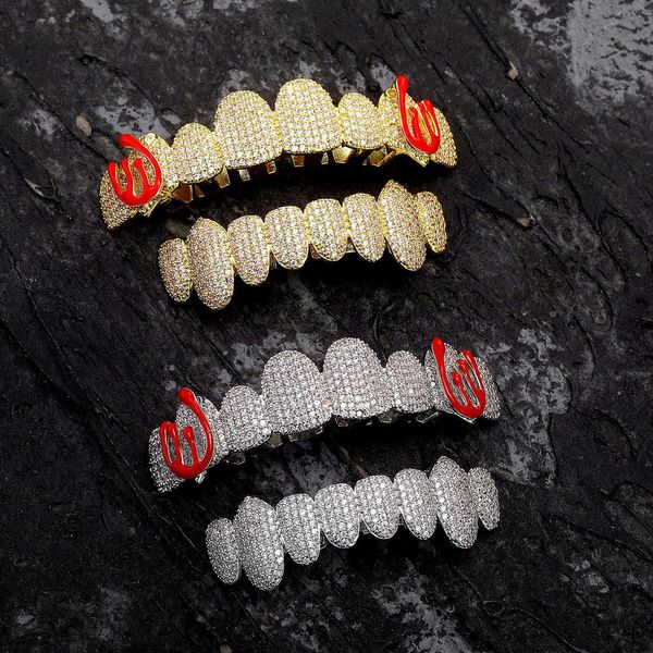Hip Hop Nouveau Hiphop Punk Full Diamond Dethts Grillz Set Vampire Dental Brace Colorful Red Email Iced Out Cumbic Zirconia Bouchle Tooth Grils Halloween Party Bijoux