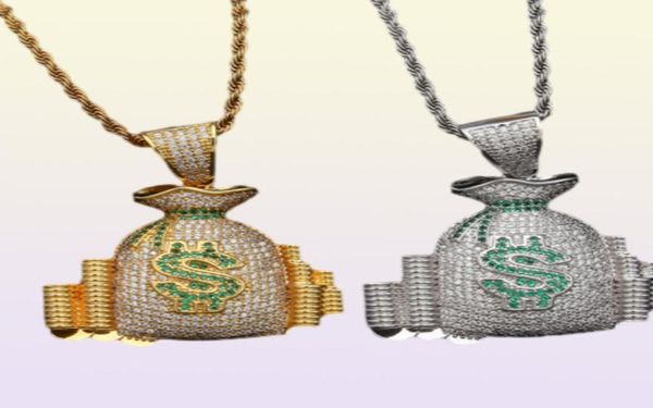 Hip Hop New Style Money Sac Pendant Collier Iced Out Micro Pave Cz Stone Gold Silver plaqué Chaîne de charme plaqué pour les hommes Women4091172