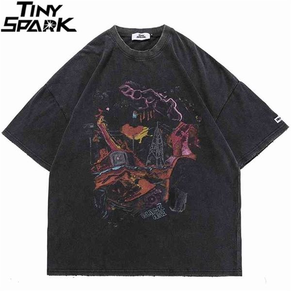 Hip Hop Oversize Washed T-Shirt Streetwear Harajuku Déchiré Graphique Imprimé T-shirt Hommes Printemps Été À Manches Courtes T-shirt 210716