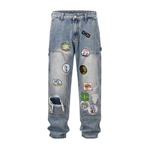 Pantalon hip hop jeans mens patch cargo denim pantalon pantalon pantalon décontracté