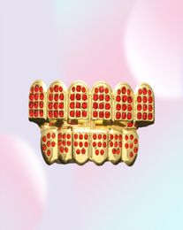 Hip Hop Party Cosplay Bio Cobre Dientes de oro Grillz Caps Top Bottom Shiny Bling Bling Red CZ Charm Grill Sets Diente Socke88419162484870