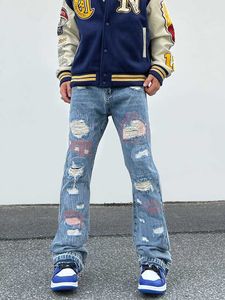 Hip Hop Patch Ripped Jeans Hommes High Street Trend Broderie Large Tube Droit Lâche Corne Pantalon Hommes