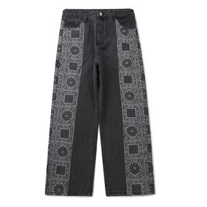 Jeans pour hommes Hip Hop Patchwork côté motif imprimé Denim décontracté Streetwear Harajuku pantalon droit homme surdimensionné survêtement hommes pantalon 2021