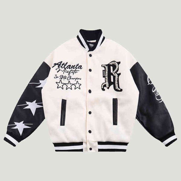 Chaquetas de béisbol con bordado de perlas de Hip Hop para hombre, abrigos gruesos de retales de cuero PU Harajuku, ropa de calle, chaqueta holgada informal, Unisex T220728