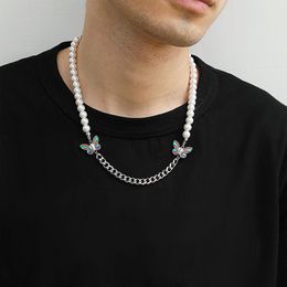 Cadena de acero inoxidable con perlas de Hip Hop para hombre y mujer, collar de clavícula de mariposa de Color Simple a la moda 252Z