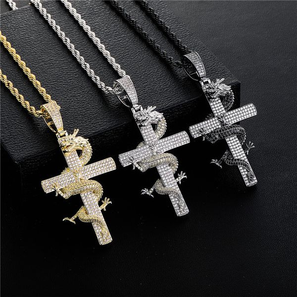 Hip Hop Pendentif Colliers 18K Dragon Twines Croix Or Argent Plaqué Glacé Zircon Hommes Bling Bijoux Cadeau