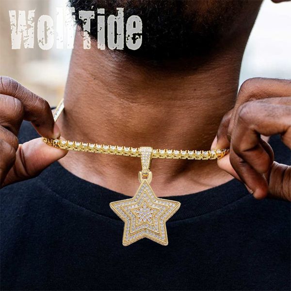 Collar con colgante de pentagrama de Hip Hop para hombres y mujeres, pareja, calidad fina, brillante, Color dorado Real, circonita cúbica, colgante de estrella de cinco puntas, joyería Ins, regalos, Bisutería