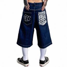 Hip Hop Poches Broderie Lettre Imprimer Jeans Shorts pour Hommes Été Rétro Surdimensionné Large Jambe Denim Genou Longueur Pantalon R2Og #
