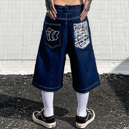 Bordado de Hip Hop Bordado Impresión Pantalones de jeans para hombres Summer Retro de gran tamaño de pierna ancha Knea de diámetro Langht 240428