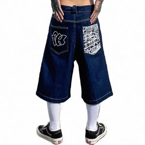 Pantalones vaqueros con estampado de letras bordadas y bolsillos de hip hop para hombre, pantalones cortos de verano retro de gran tamaño, pierna ancha, pantalones vaqueros hasta la rodilla R2Og #