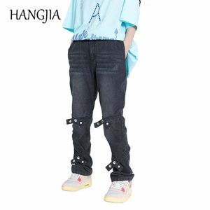 Hip Hop Punk Mens Micro-flare Jeans Fonctionnel Bandage Fluttering Slim Fit Denim Pantalon Streetwear Wash Distressed Flare Jean C0607