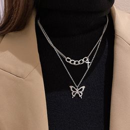 Hip Hop Punk couleur argent croix papillon pendentif collier pour femmes personnalité Double couche chaînes collier hommes Style de rue bijoux en gros YMN056