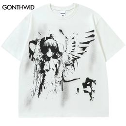 Hip Hop Punk Tshirt Streetwear Y2K Harajuku Japonais Anime Dessin Animé Ange Aile Fille Graphique Impression T-Shirt Mode Lâche Tee Top 240312