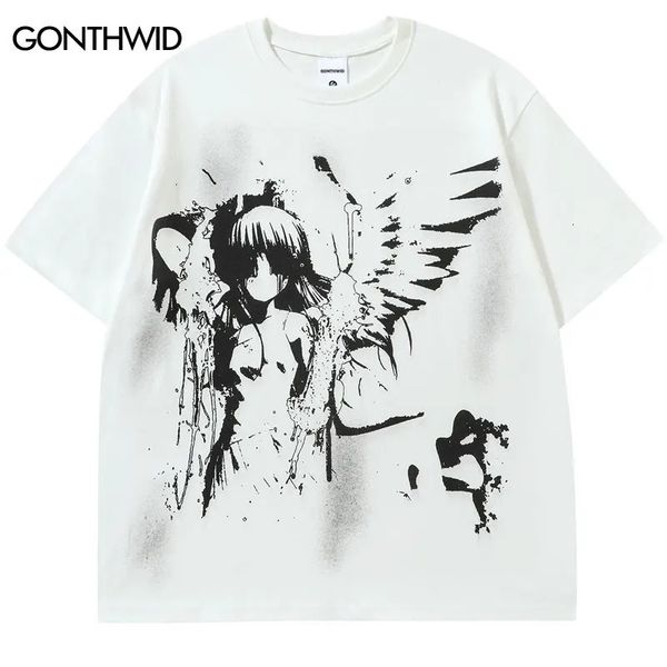 Hip Hop Punk Camiseta Streetwear Y2K Harajuku Anime japonés Dibujos animados Angel Wing Girl Camiseta con estampado gráfico Moda Camiseta suelta Top 240113