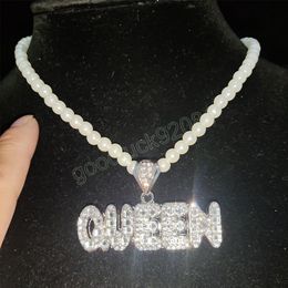 Hip Hop Queen helado Collar colgante Bling Mujeres con una imitación blanca de 5 mm Pearl garker collares de circón joyas de moda