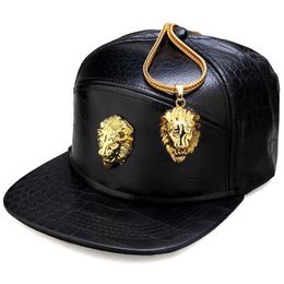 Hip Hop Rap 5 paneles Metal oro cabeza de león PU gorra de béisbol de cuero Casual Unisex cinturón hebilla sombreros hombres negro rojo 210623304j