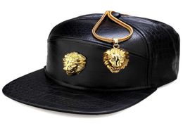 Hip Hop Rap 5 paneles Metal oro cabeza de león PU gorra de béisbol de cuero Casual Unisex cinturón hebilla sombreros hombres negro rojo 2106239499076