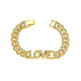 Hip-hop rappeur Diamond Bracelet chaîne cubaine Strass cool plein de diamants AMOUR brillant bijoux à la main Discothèque spectacle bijoux en gros 8inch longueur 1658