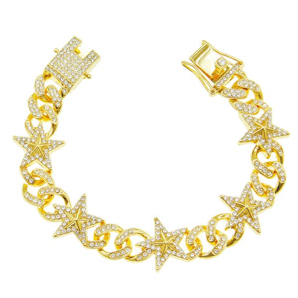 Hip-hop rappeur Diamond Bracelet chaîne cubaine Strass cool plein de diamants brillant STAR bijoux à la main Nightclub show bijoux en gros 20cm longueur 1680