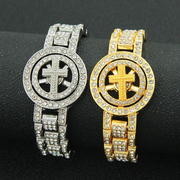 Hip hop rappeur Hommes Diamant chaîne cubaine crucifix rotatif bracelet de montre Bambou bracelet strass brillant main bijoux Discothèque spectacle gros bijoux 1669