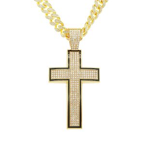 Hip Hop Rapper Hommes pendentif en diamant brillant collier en or Iced out croix pendentif crucifix micro-insert bijoux en zircon complet boîte de nuit punk 50cm chaîne cubaine 1542