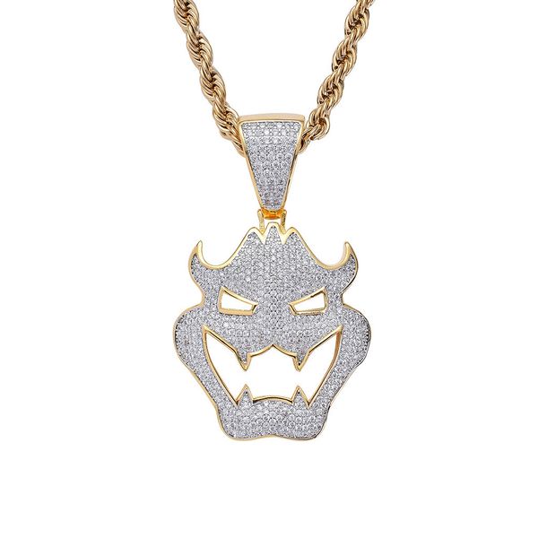 Hip Hop Rapper Hommes pendentif diamant brillant collier en or Iced out Halloween masque de vampire pendentif micro-insert bijoux en zircon complet boîte de nuit chaîne de corde chaîne de torsion 1509
