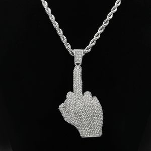 HIP HOP RAPPER MENS Ketting 18K Vergulde Middelvinger Gebaar Hanger met 6mm 30 inch touwketting vol met strass Bling Necklace