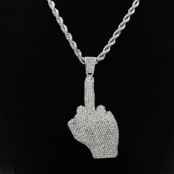 Hip Hop Rapper Collier pour homme plaqué or 18 carats avec pendentif geste du majeur avec chaîne en corde de 6 mm et 30 pouces pleine de strass
