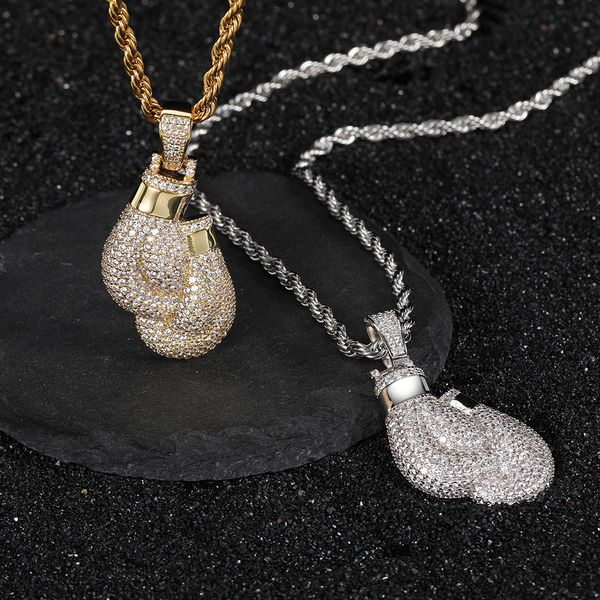 Hip Hop Rapper diamant brillant pendentif collier en or gants de boxe pendentif micro-insert bijoux en zircon accessoire de boîte de nuit Chandail chaîne de corde chaîne de torsion 1490