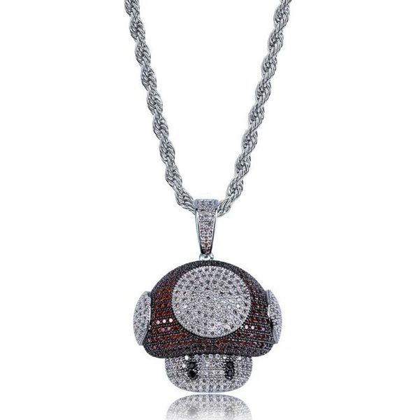 Hip Hop Rapper colgante de diamante brillante collar de oro Iced out Colgante de hongo de dibujos animados micro-inserción joyería de circón accesorio de club nocturno Suéter cuerda cadena torcida 1506