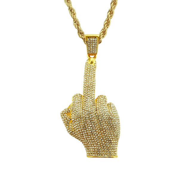 Hip Hop Rapper diamant brillant pendentif collier en or pendentif doigt du milieu bijoux en zircon micro-incrusté 76cm accessoire de boîte de nuit pull chaîne cubaine 1531