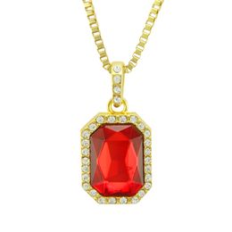 Hip Hop Rapper collier pendentif diamant brillant Grand pendentif rubis rectangulaire bijoux en zircon micro-incrusté 60cm accessoire de boîte de nuit Chaîne Clavicule Box Chain 1527