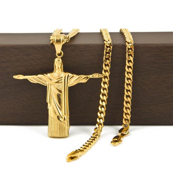 Hip Hop Rédempteur Jésus Croix Pendentif Statue en acier inoxydable de Jésus-Christ à Rio de Janeiro Brésil Cristo Redentor Chain269Q