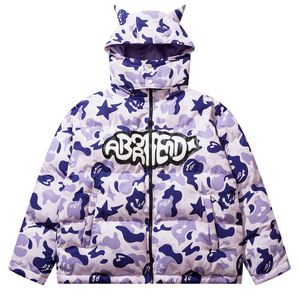 Hip Hop Afneembare Capuchon Down Parka Streetwear Camouflage Duivel Hoorn Dikker Warm Bubble Gewatteerde Jassen Harajuku Puffer Jassen