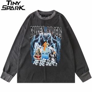 Hiphop Retro Sweatshirt Pullover Mannen Streetwear Harajuku Skeleton Bliksem Print Gewassen katoen Losse 210813