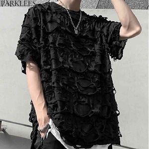 Hip Hop Ripped Hole Tshirt Hommes Jeunesse Lâche Casual Transparent Tee Shirt Homme Voir à travers la discothèque Party Perform Streetwear 2XL 210522